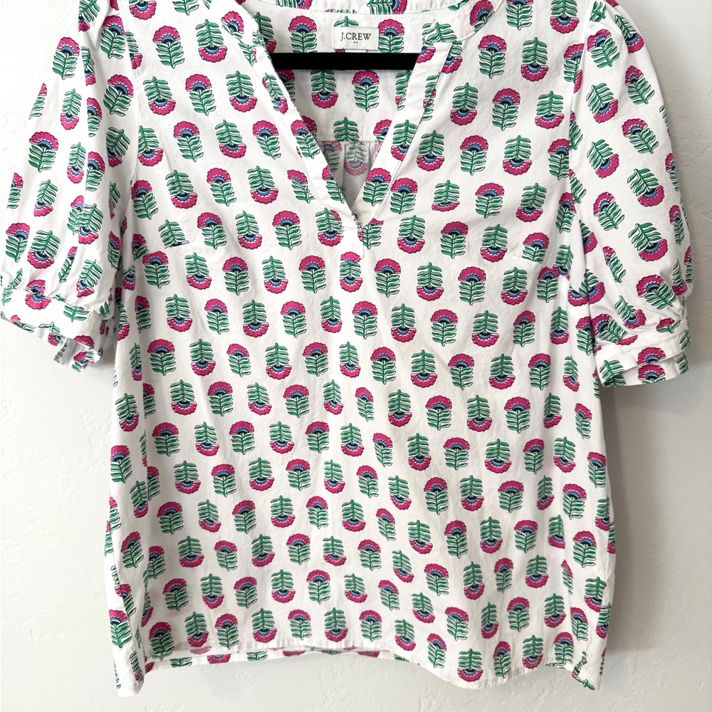 J. Crew White, Pink and Green Floral Print Blouse
Cotton